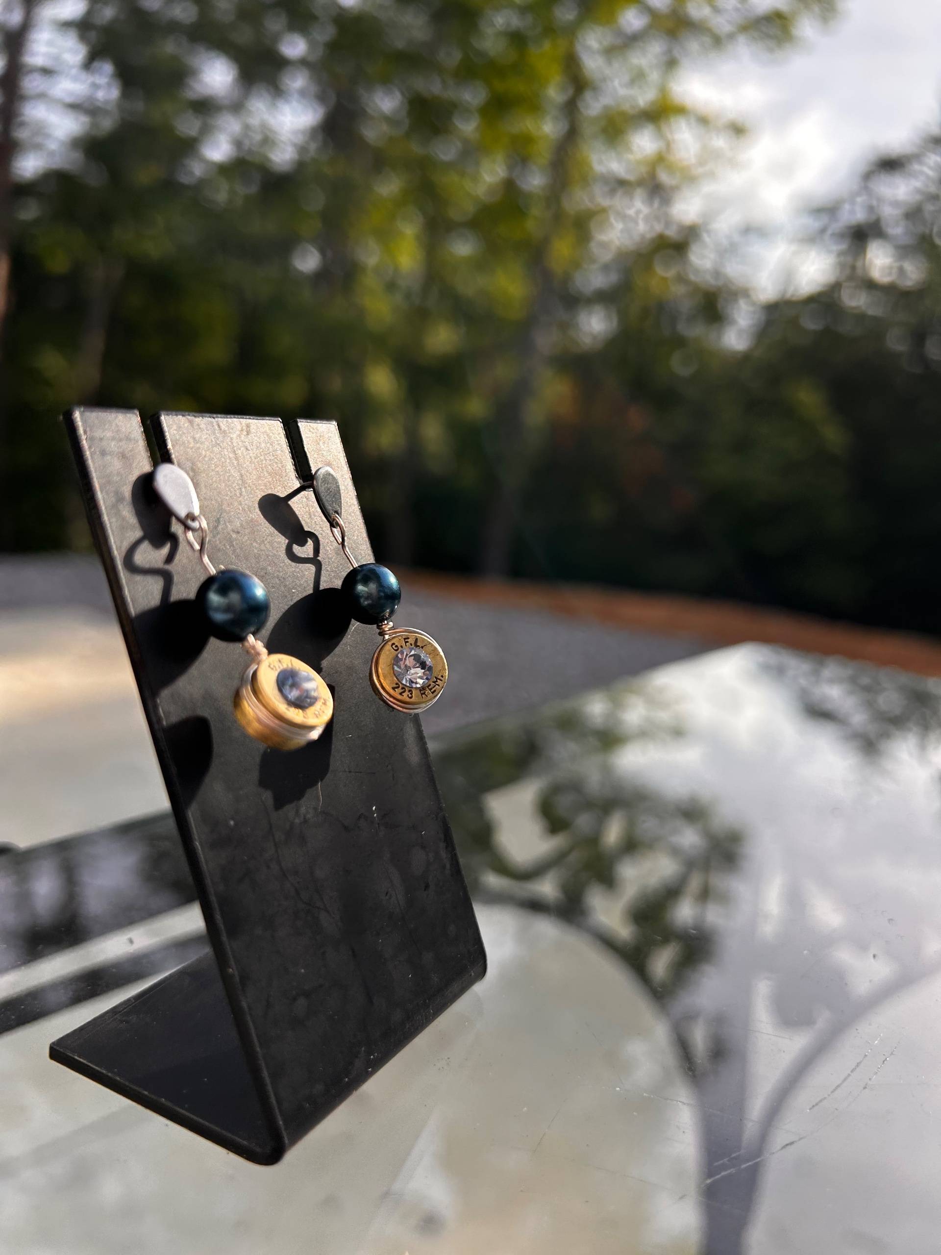 Silver Plated Dangle Bullet Casing Earrings with Swarovski Crystal - thumbnail 2 of 7