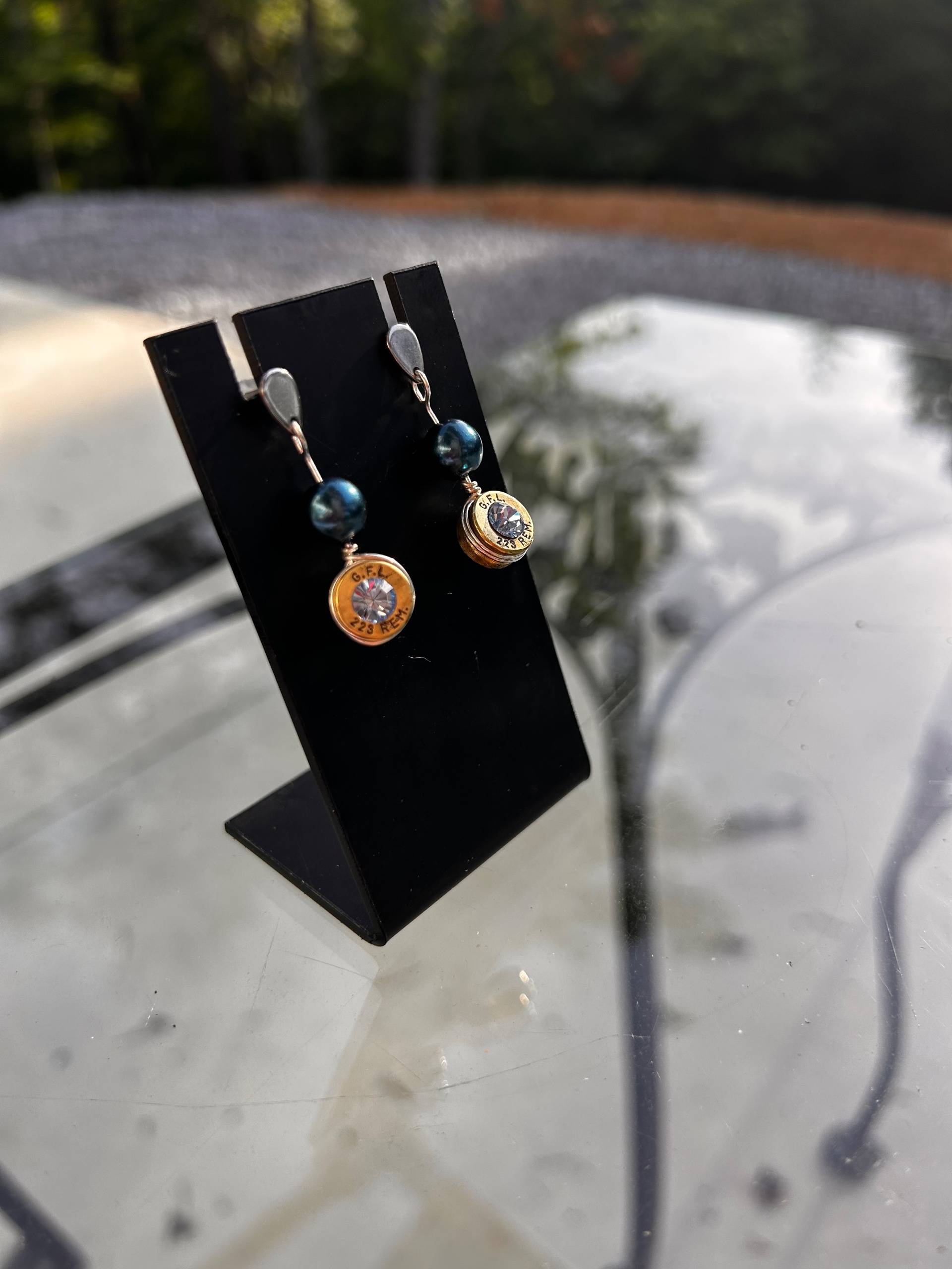 Silver Plated Dangle Bullet Casing Earrings with Swarovski Crystal - thumbnail 7 of 7