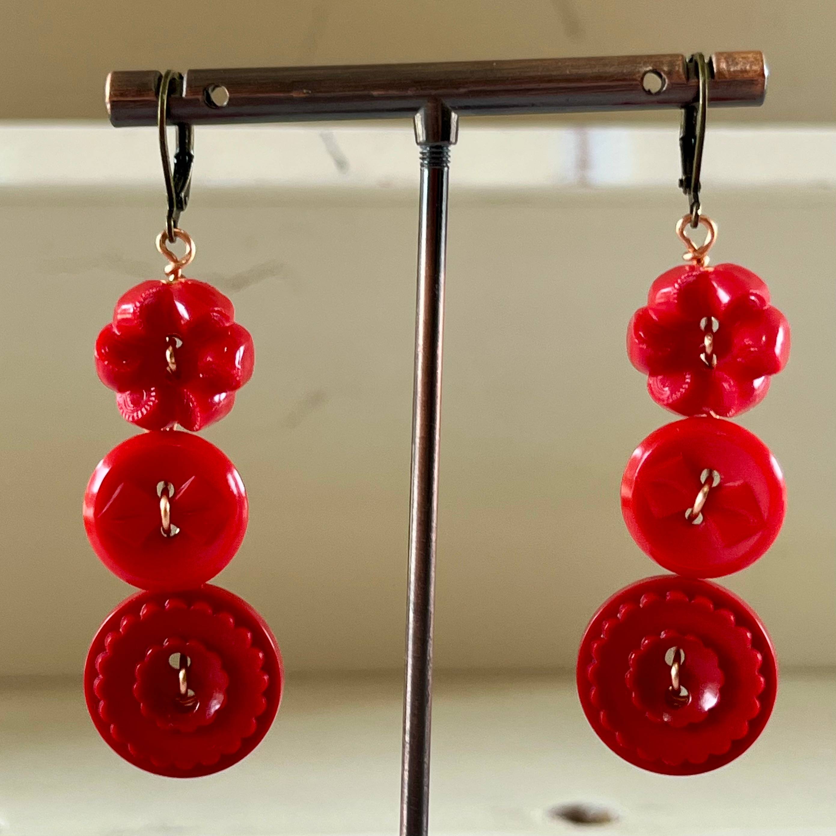 Red Dangle Vintage Button Earrings  - thumbnail 2 of 6