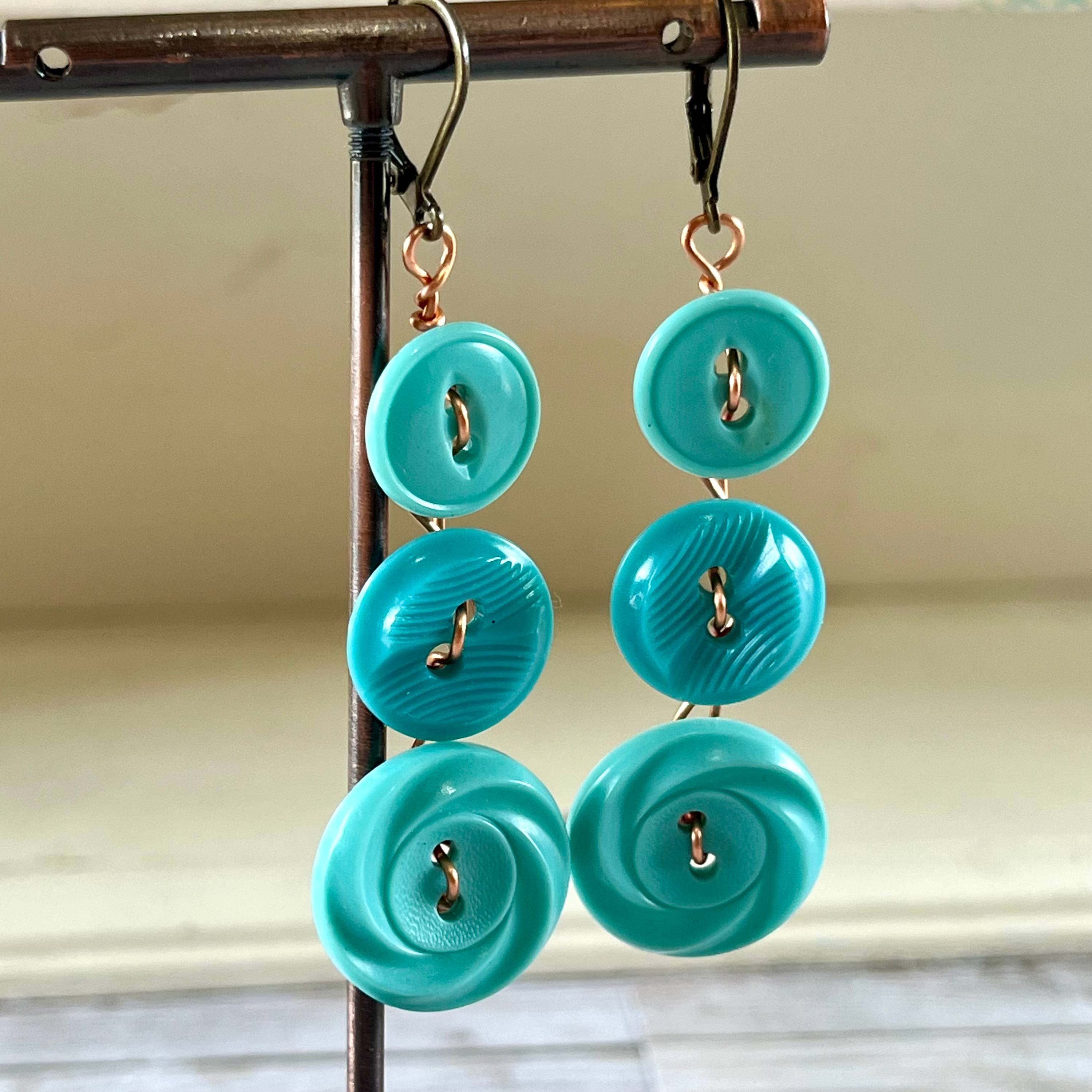 Aqua Dangle Vintage Button Earrings 
