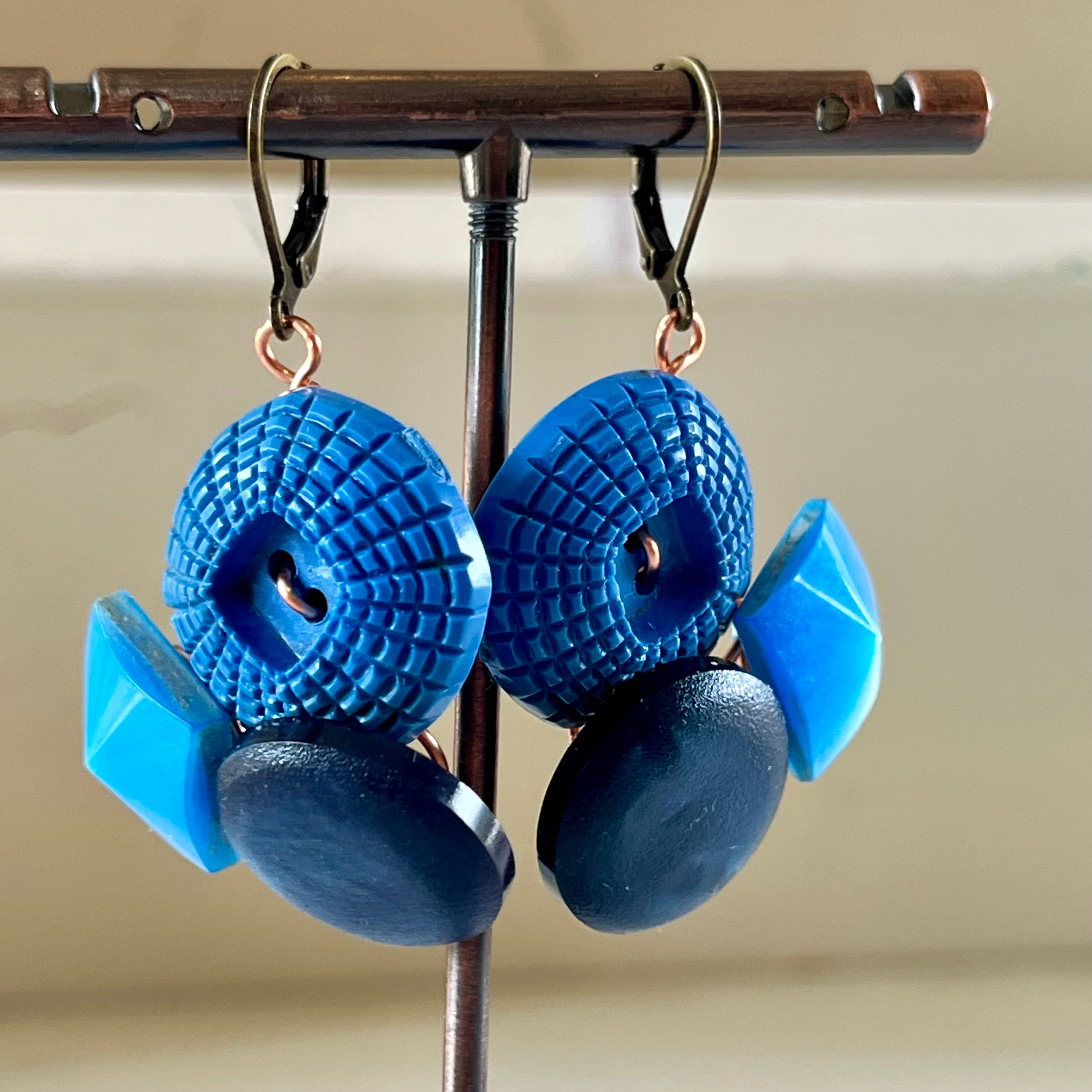Blue Cluster Vintage Button Earrings  - thumbnail 2 of 6