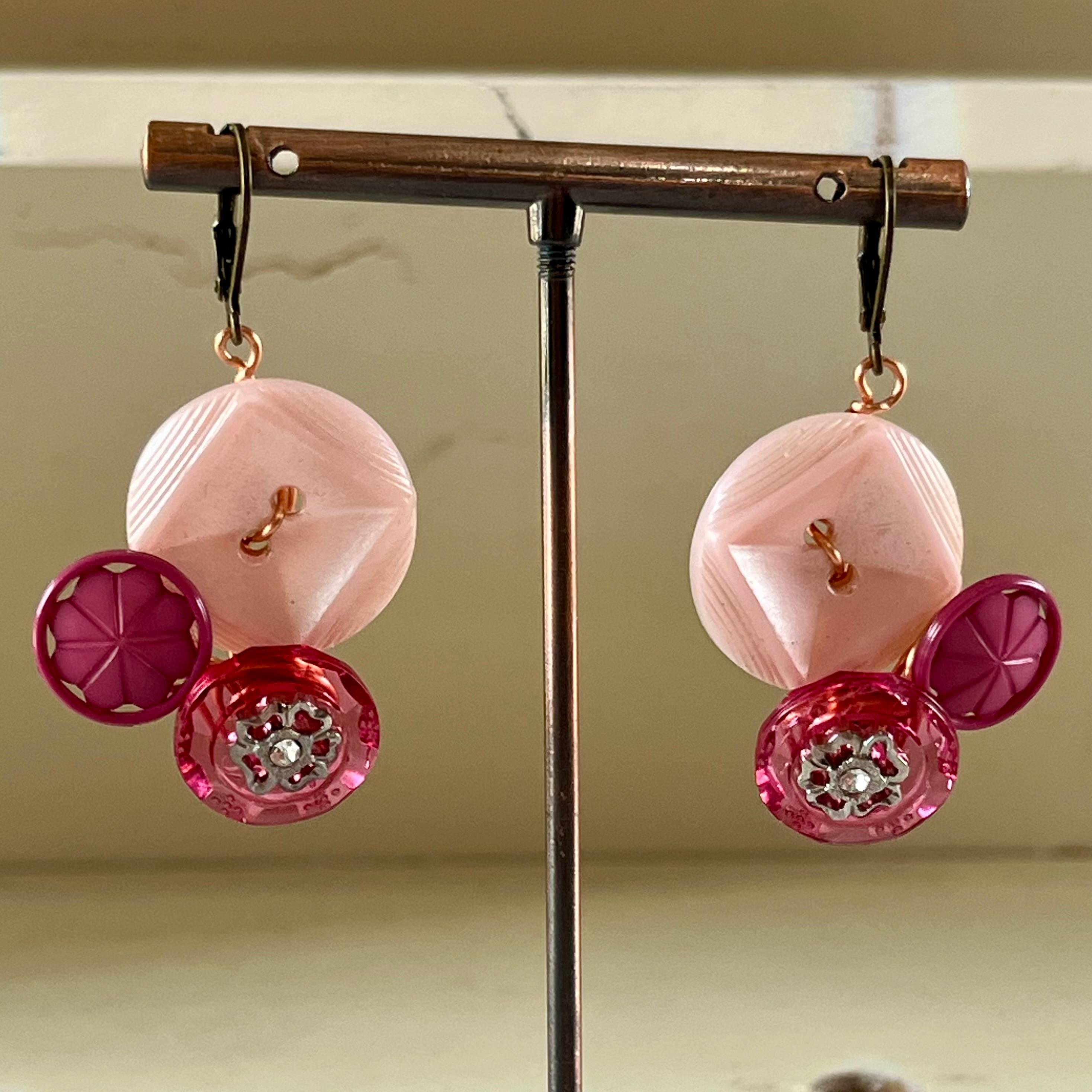 Pink Cluster Vintage Button Earrings  - thumbnail 2 of 7