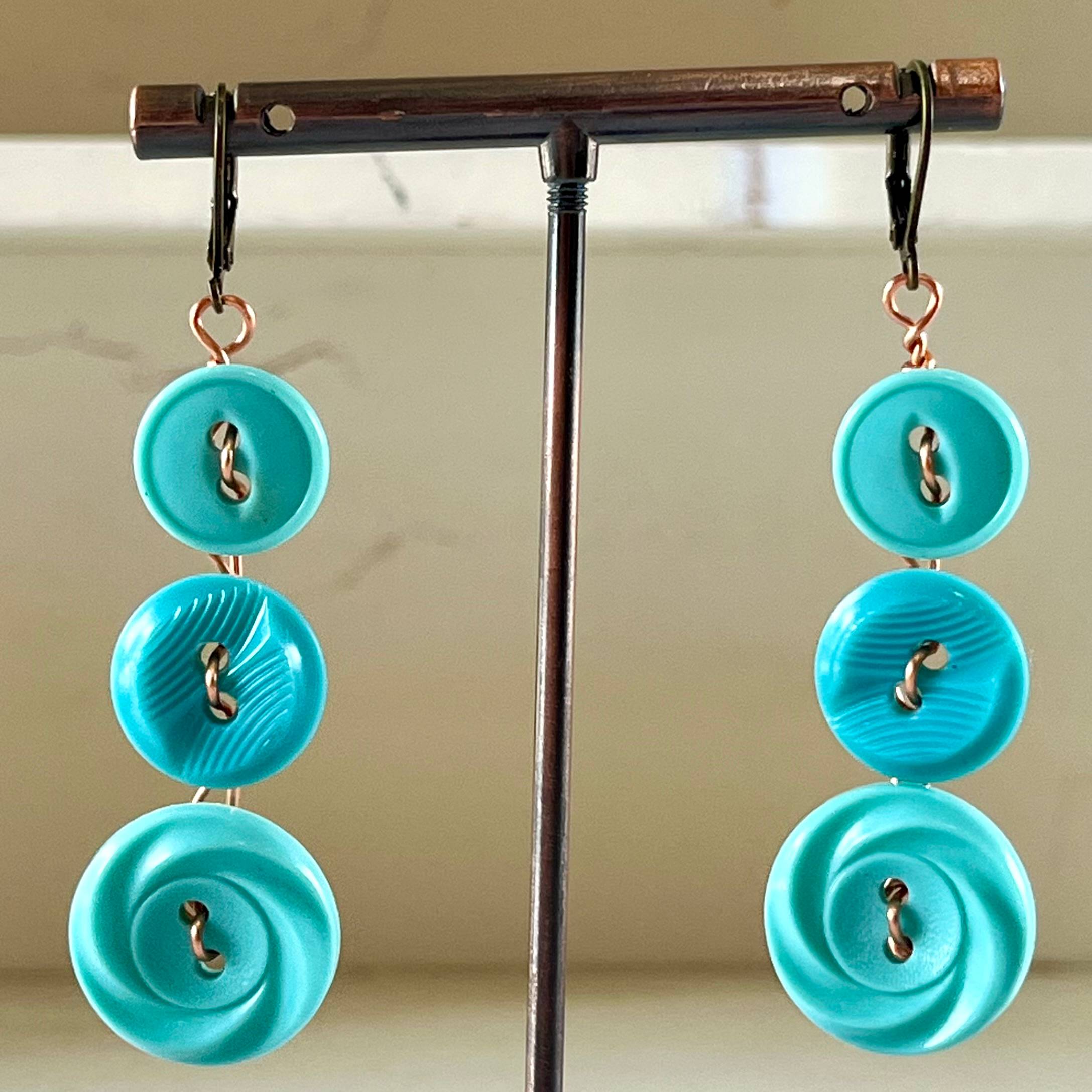 Aqua Dangle Vintage Button Earrings  - thumbnail 2 of 8