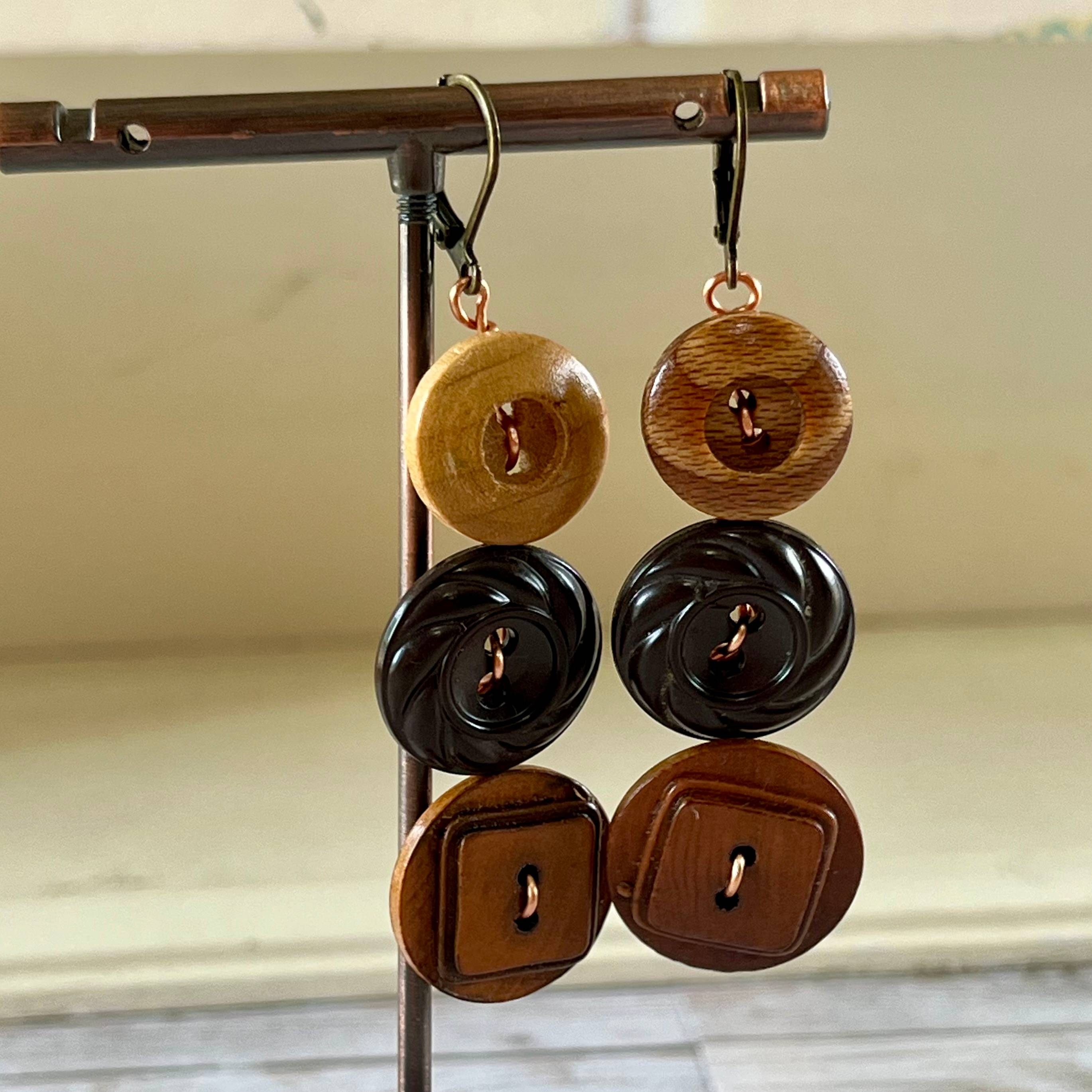 Brown Dangle Vintage Button Earrings 