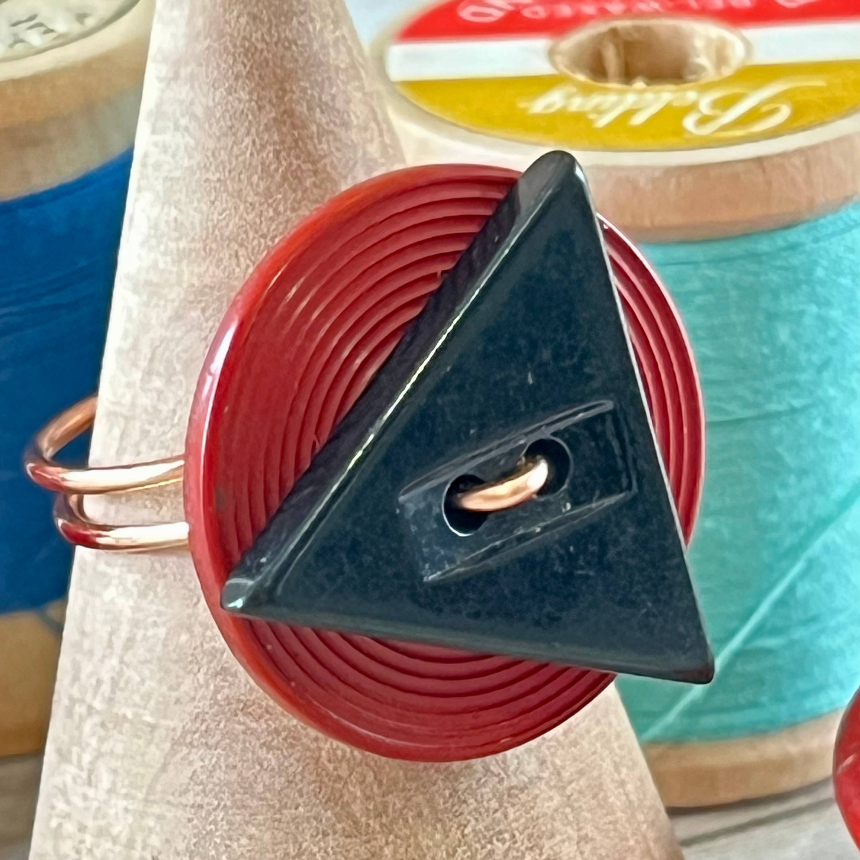 Rust and Black Triangle Stacked Vintage Button Ring size 7 or custom sizing available 