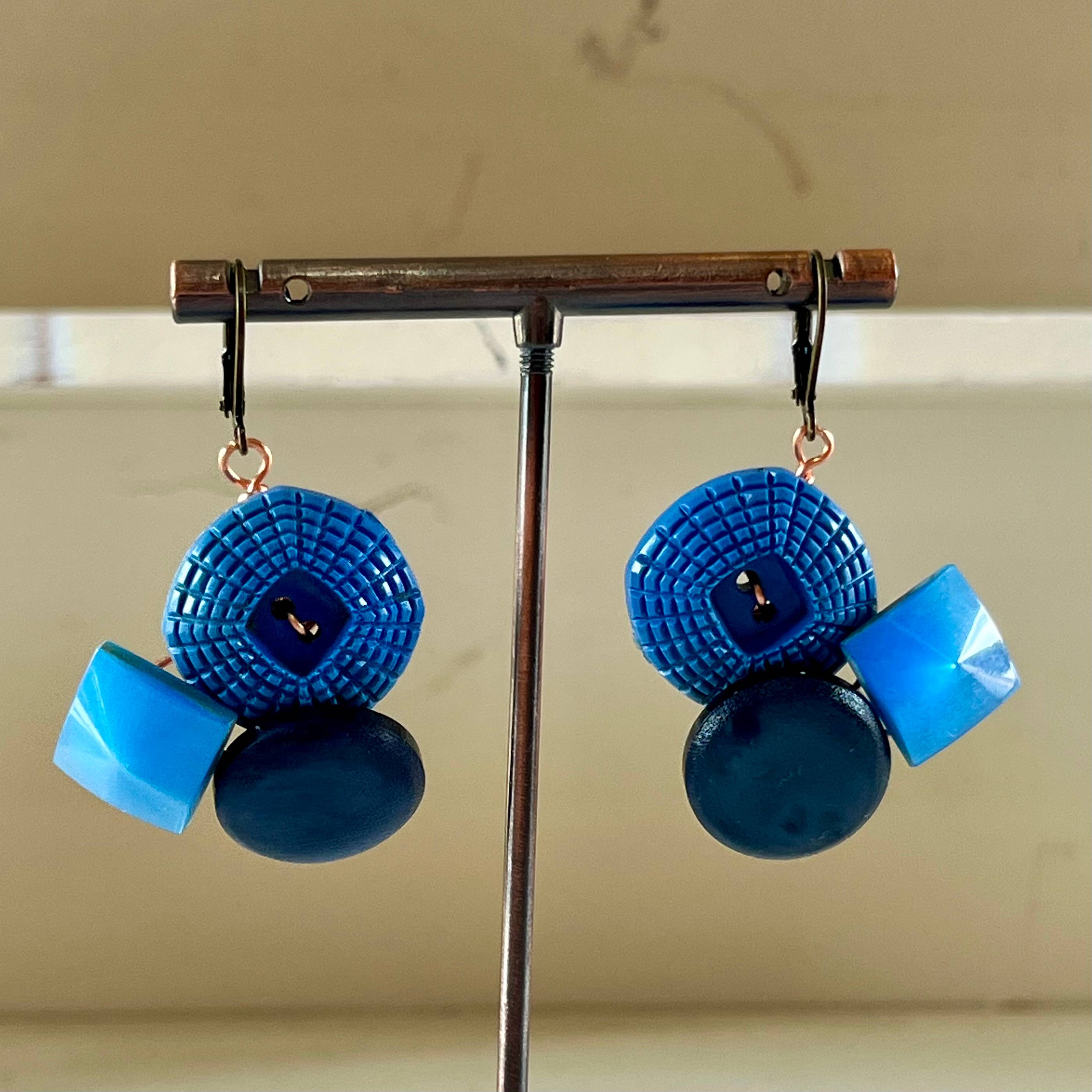 Blue Cluster Vintage Button Earrings  - thumbnail 3 of 6