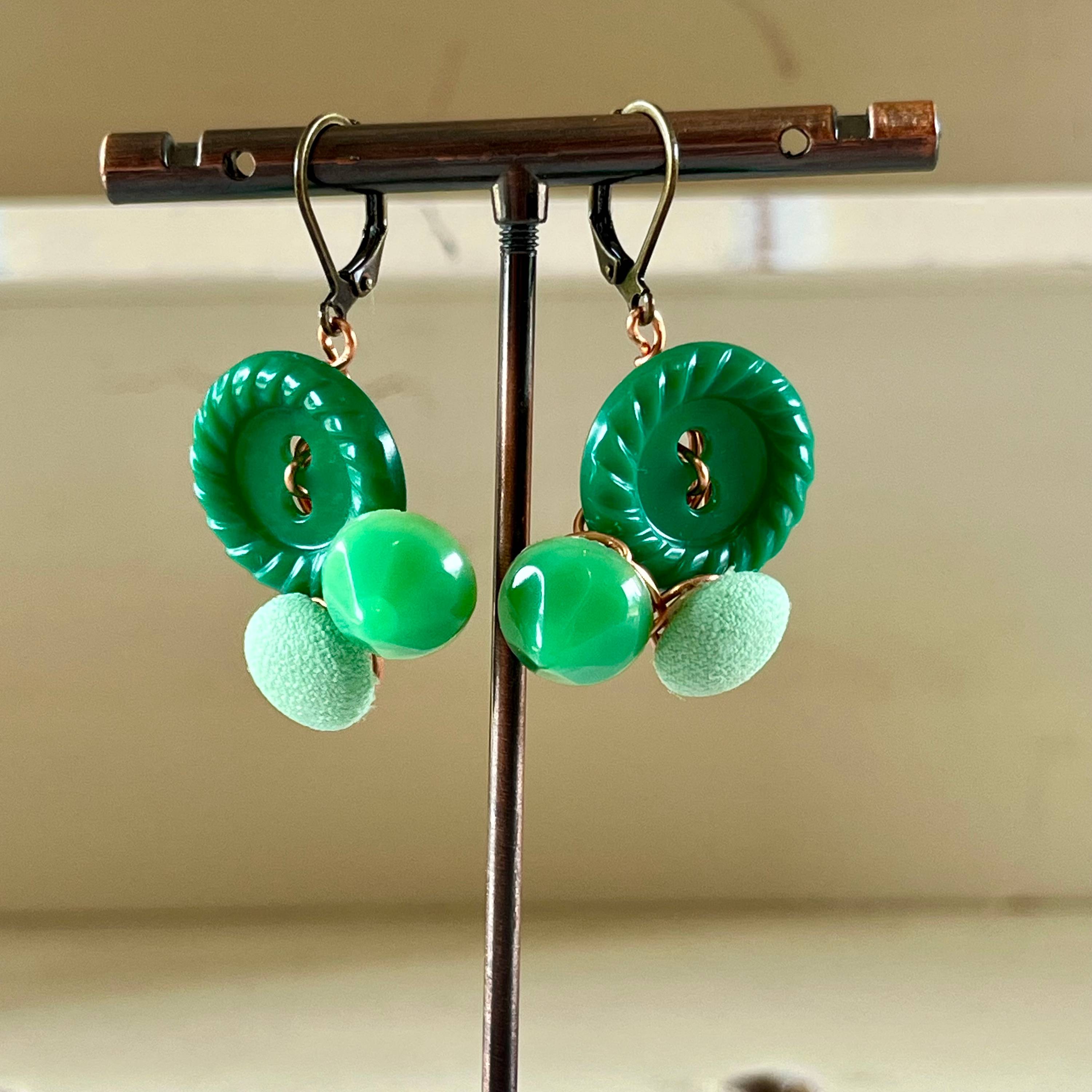Green Cluster Vintage Button Earrings  - thumbnail 3 of 8
