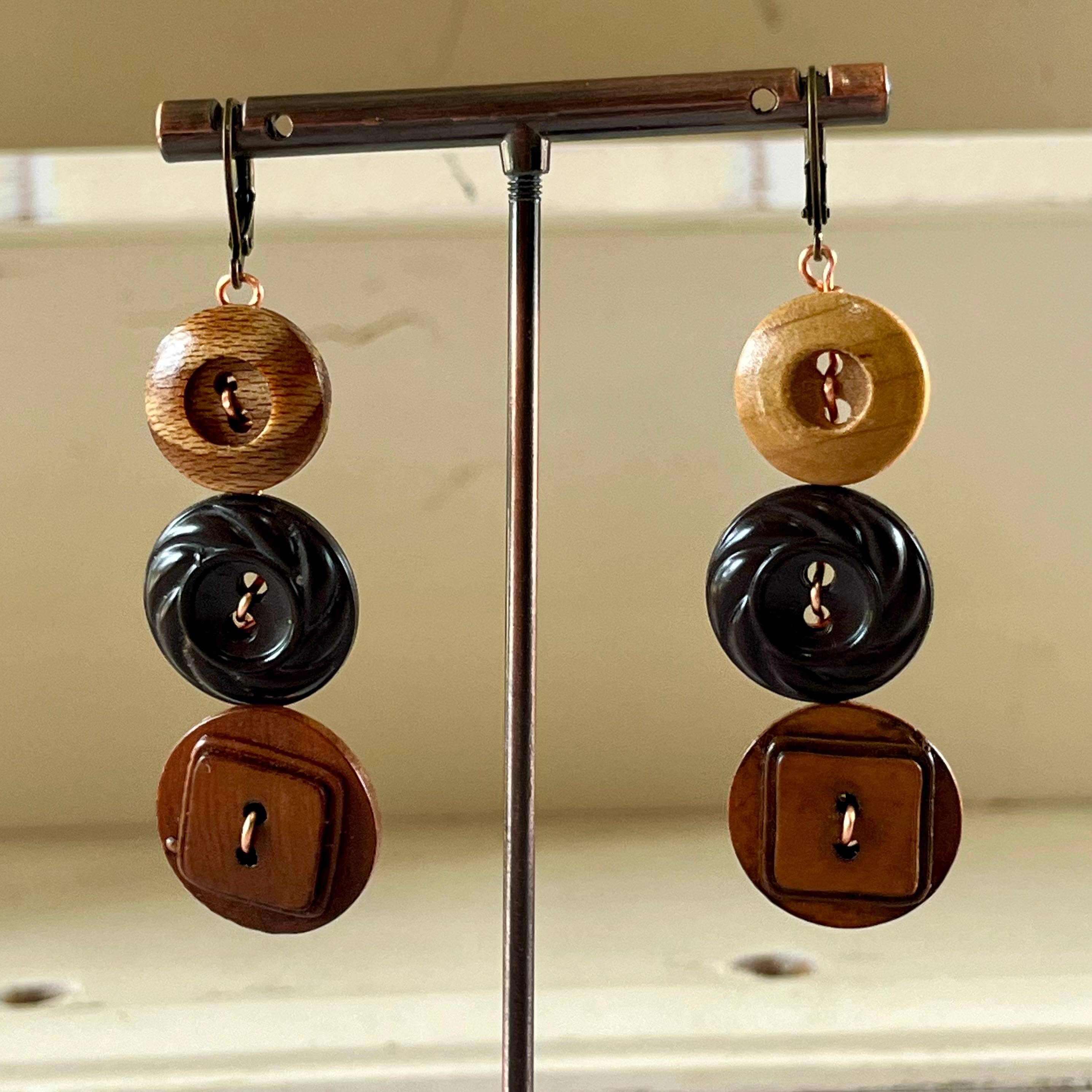 Brown Dangle Vintage Button Earrings  - thumbnail 2 of 6