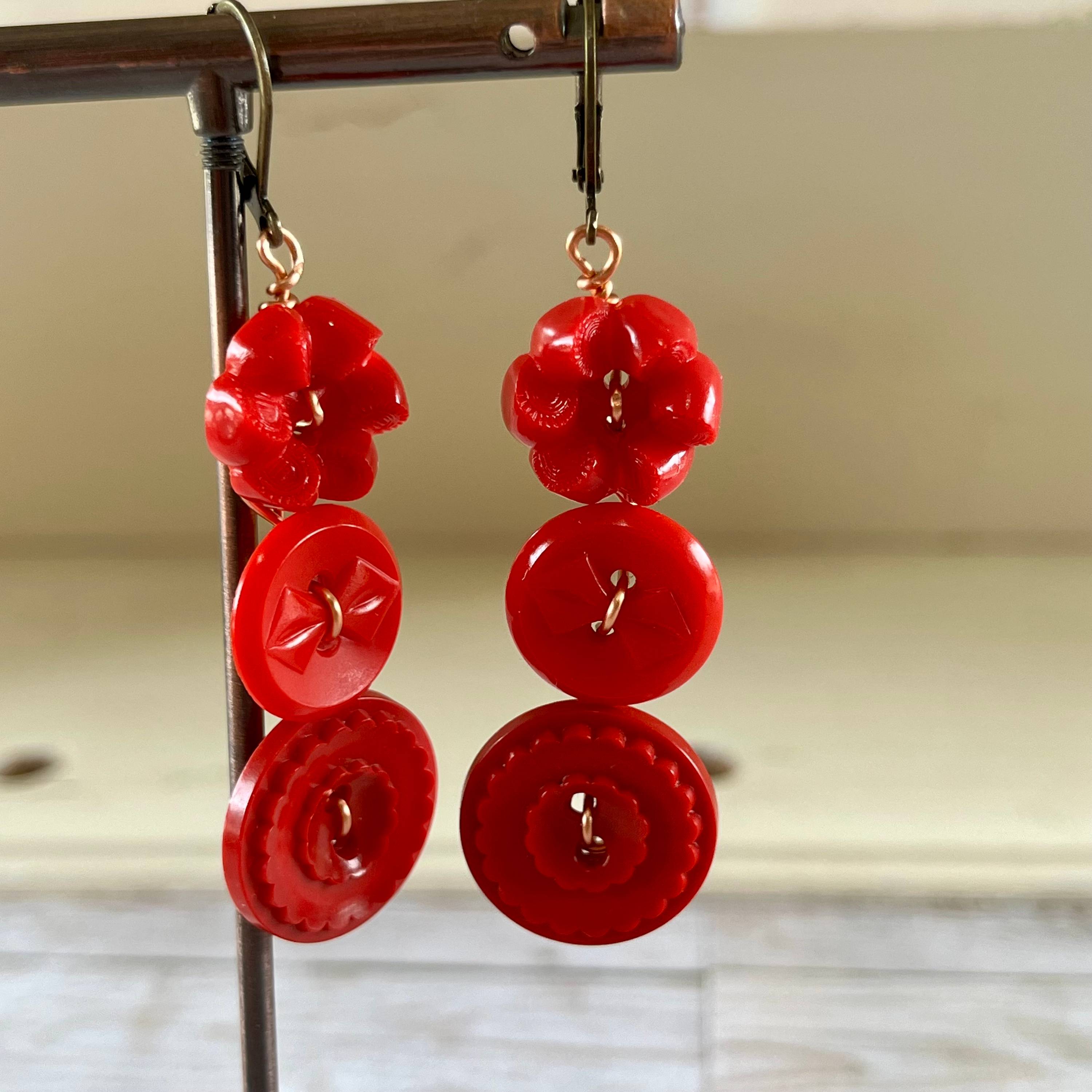 Red Dangle Vintage Button Earrings 