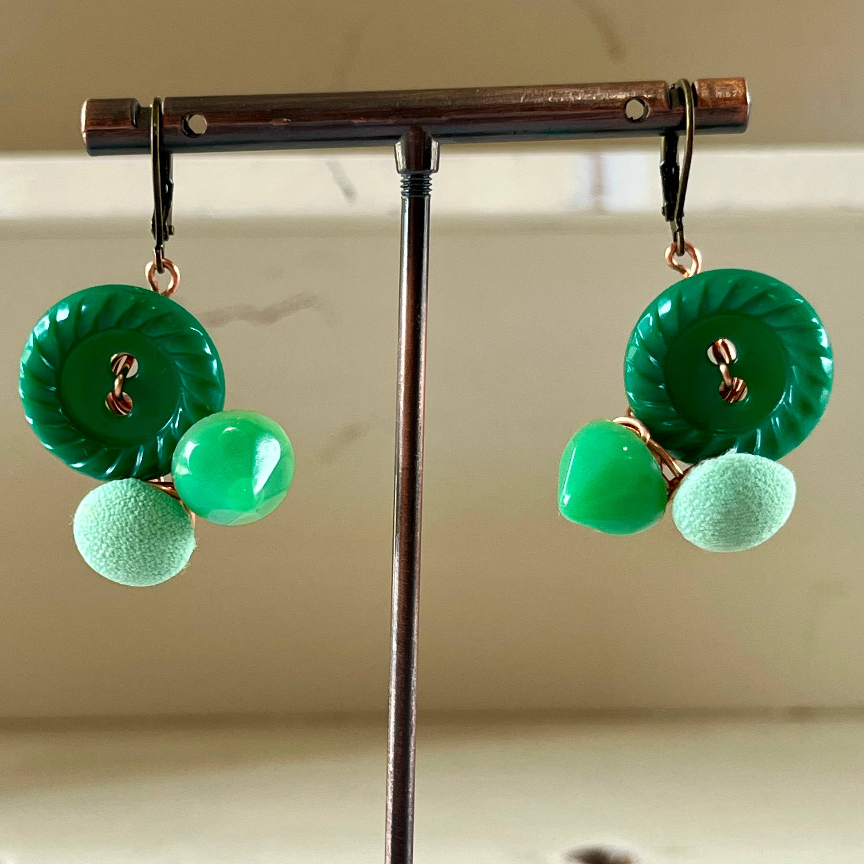 Green Cluster Vintage Button Earrings  - thumbnail 2 of 8